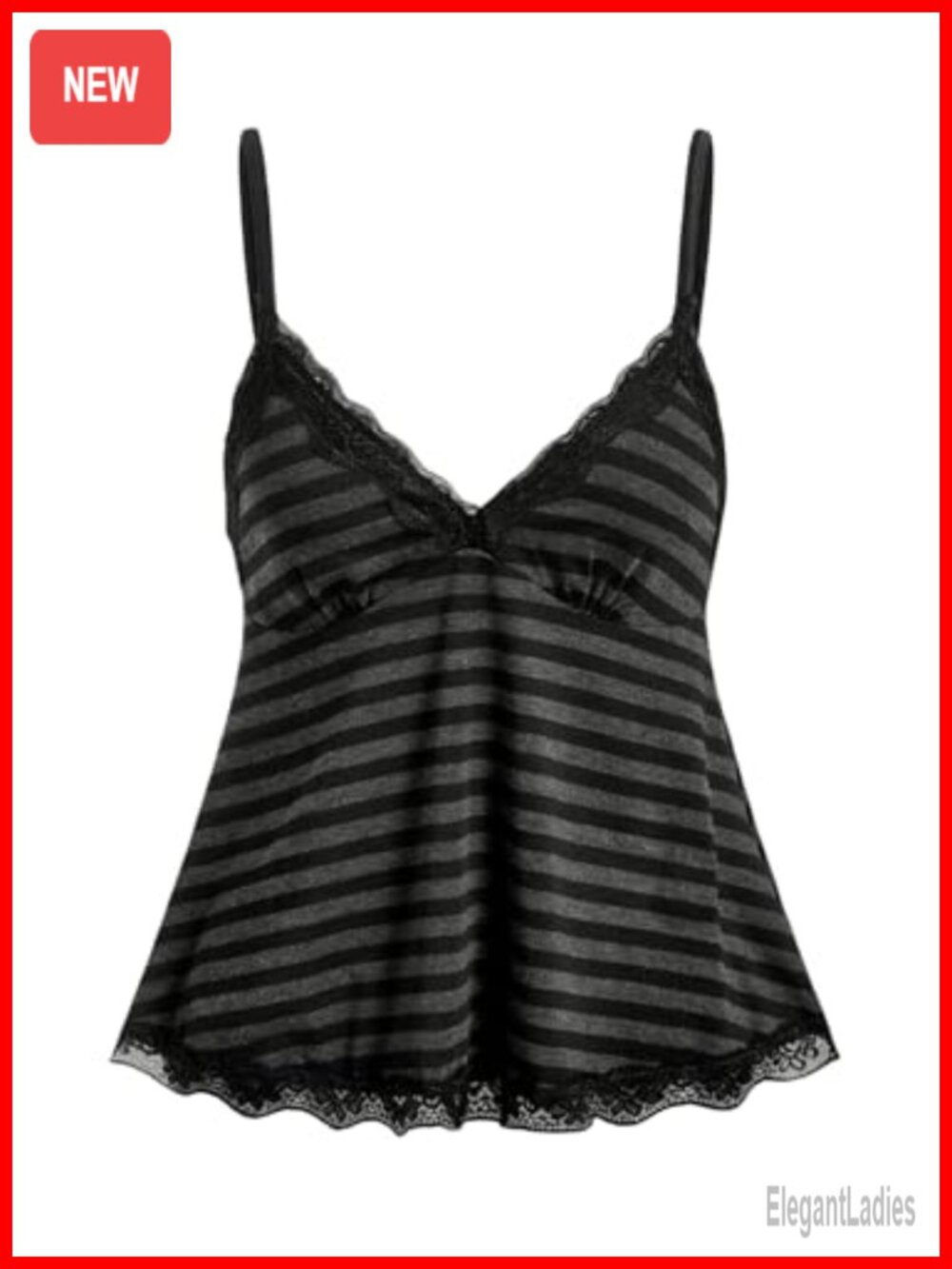 Womens Y2K Lace Cami Striped Babydoll Top Spaghetti Strap Flared Hem